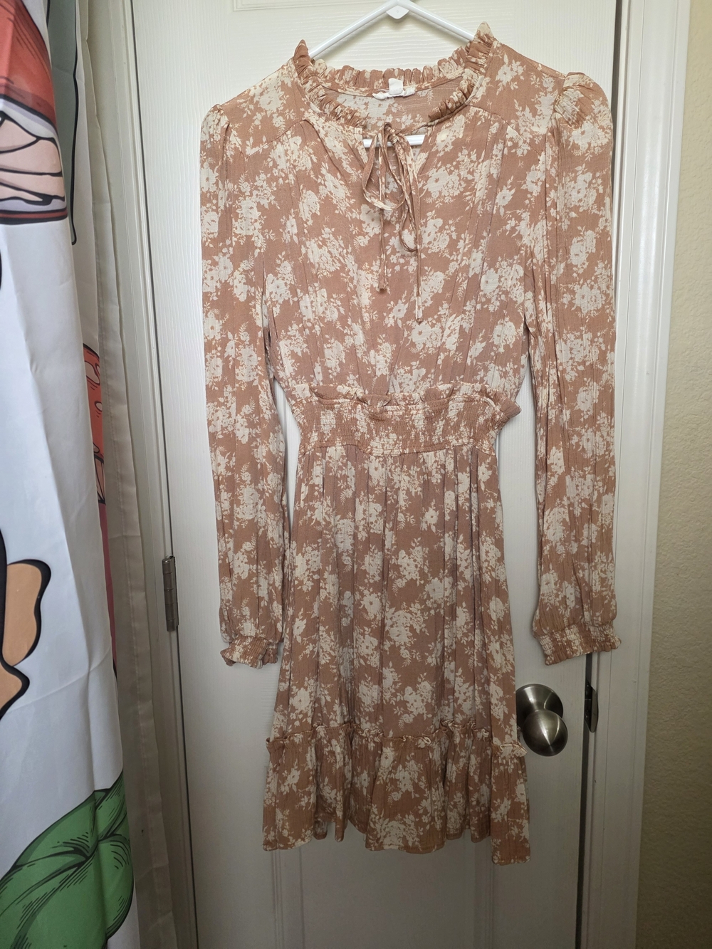 Blu Pepper Beige Floral Tie-Neck Long Sleeve Dress